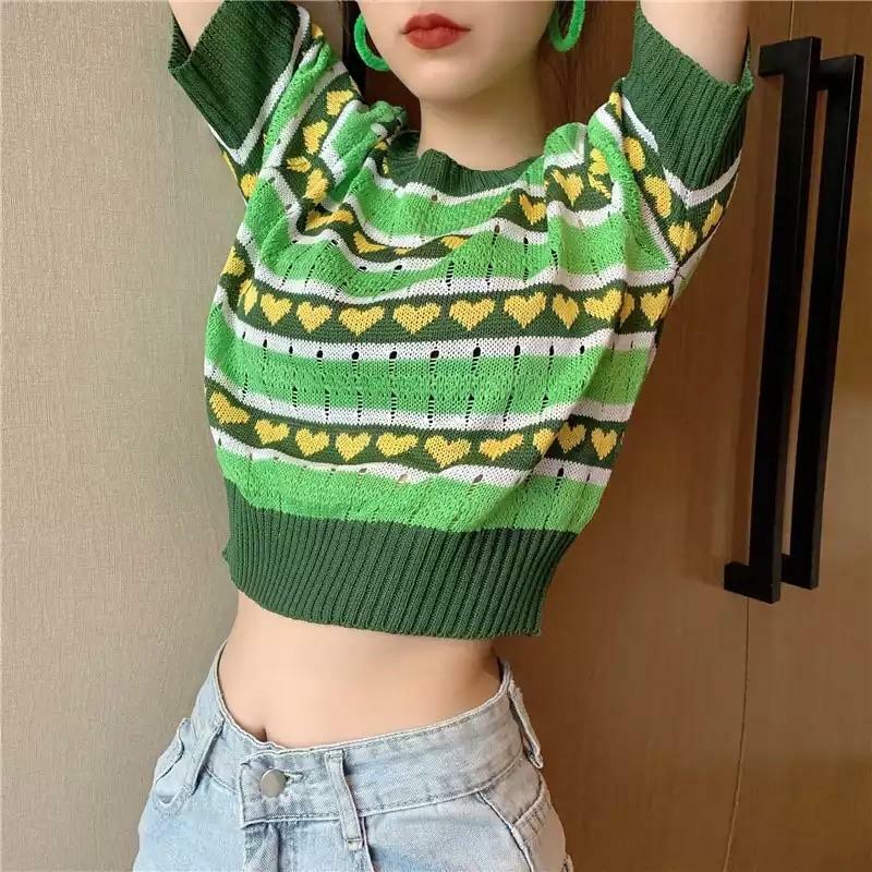 Green Heart Knitted Crop Top - Y2K Summer, 90s Grunge, Retro Style, Y2K Party Outfit