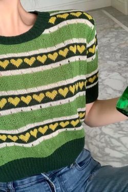 Green Heart Knitted Crop Top - Y2K Summer, 90s Grunge, Retro Style, Y2K Party Outfit