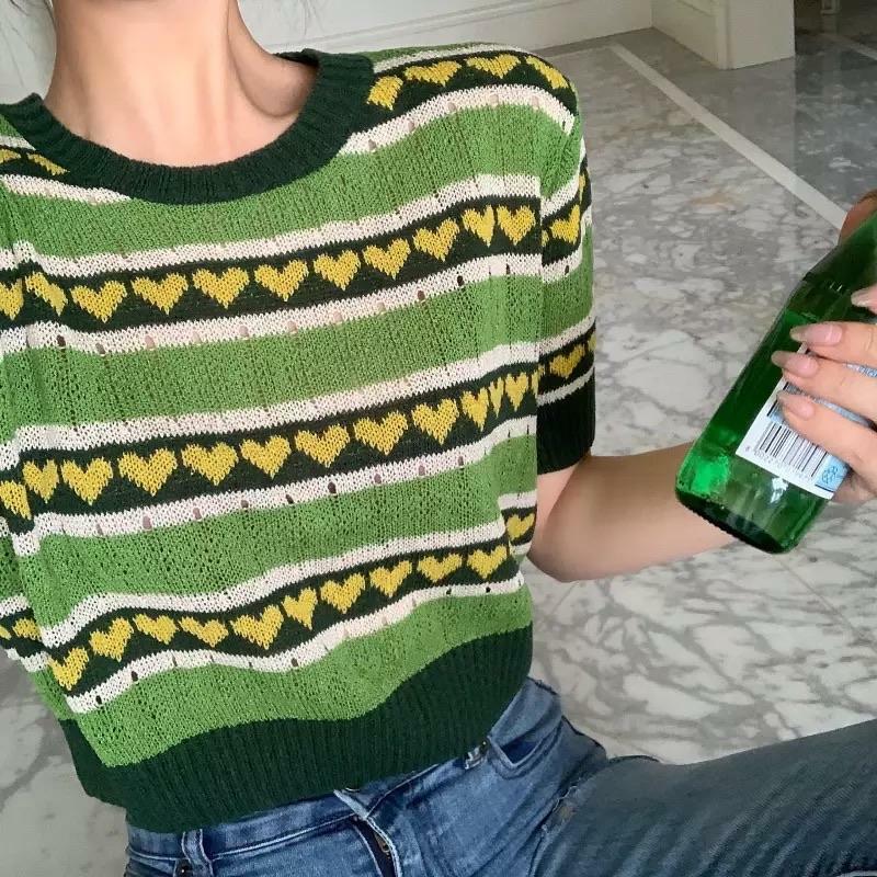 Green Heart Knitted Crop Top - Y2K Summer, 90s Grunge, Retro Style, Y2K Party Outfit