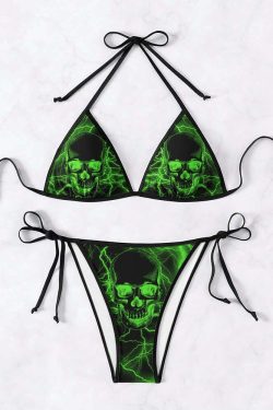 Green Lightning Skull Halter String Bikini Set - Y2K Summer Grunge 90s Retro Beach Outfit