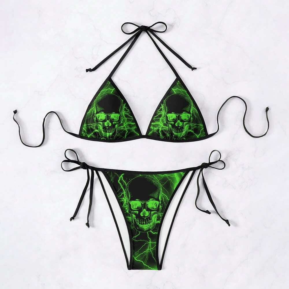 Green Lightning Skull Halter String Bikini Set - Y2K Summer Grunge 90s Retro Beach Outfit