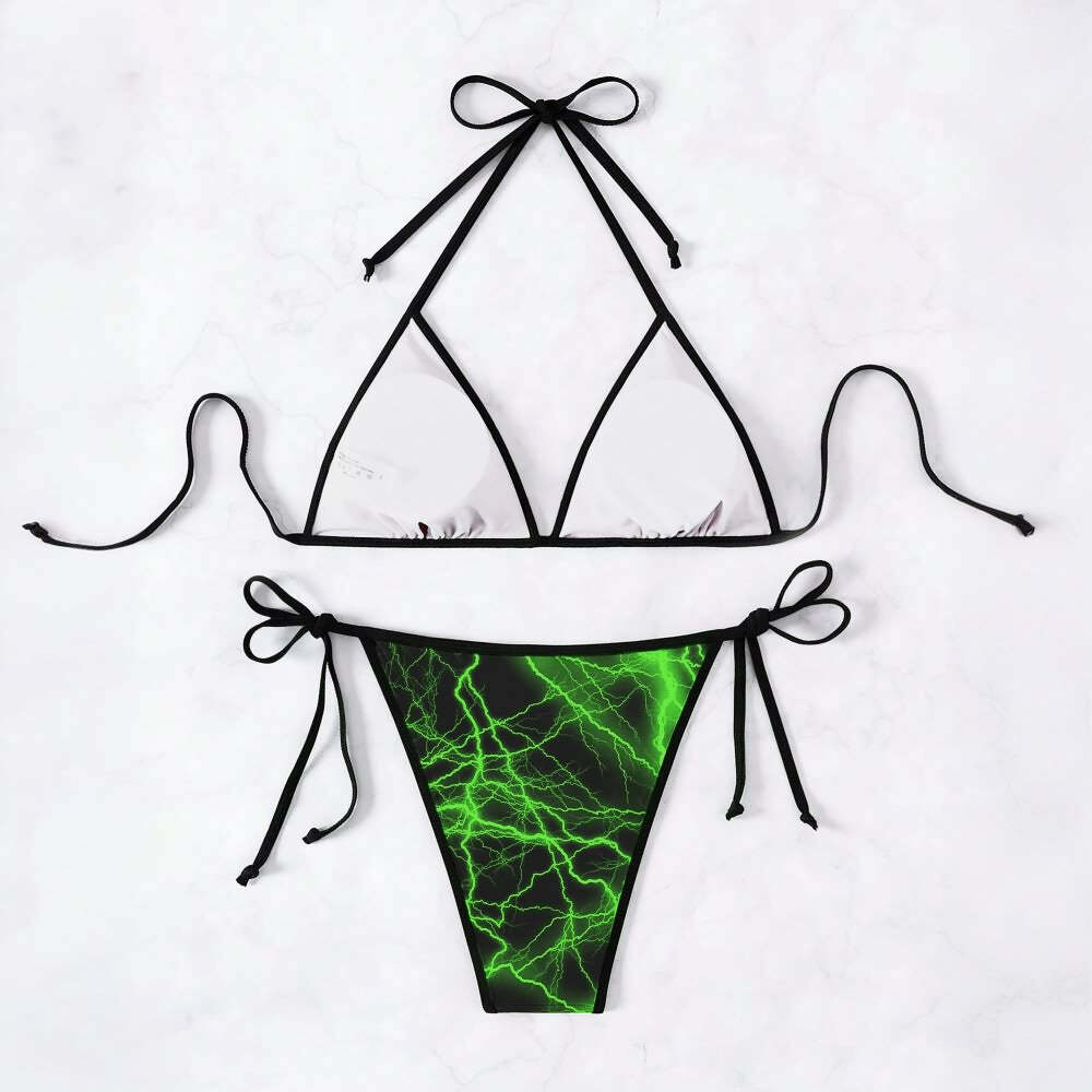 Green Lightning Skull Halter String Bikini Set - Y2K Summer Grunge 90s Retro Beach Outfit