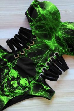 Green Lightning Skull Monokini - Y2K Summer Grunge 90s Retro Goth Swimsuit