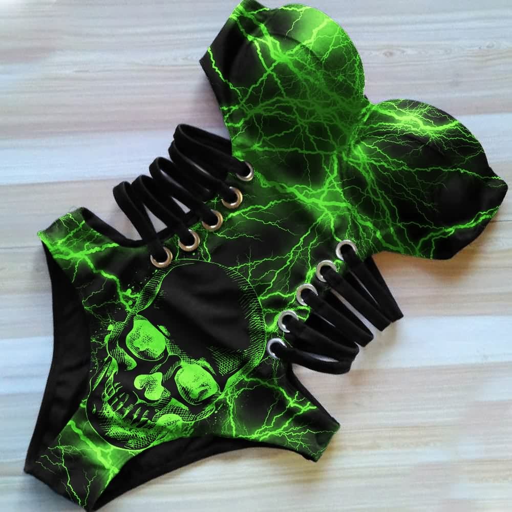 Green Lightning Skull Monokini - Y2K Summer Grunge 90s Retro Goth Swimsuit