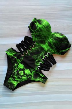 Green Lightning Skull Monokini - Y2K Summer Grunge 90s Retro Goth Swimsuit