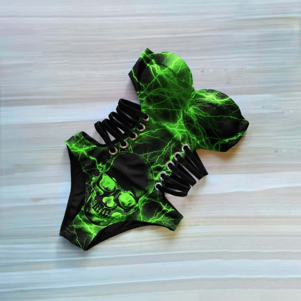 Green Lightning Skull Monokini - Y2K Summer Grunge 90s Retro Goth Swimsuit