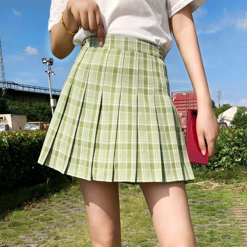 Green Pleated Plaid Korean Skirt - Y2K Summer Grunge Outfit, 90s Fashion, Retro Style