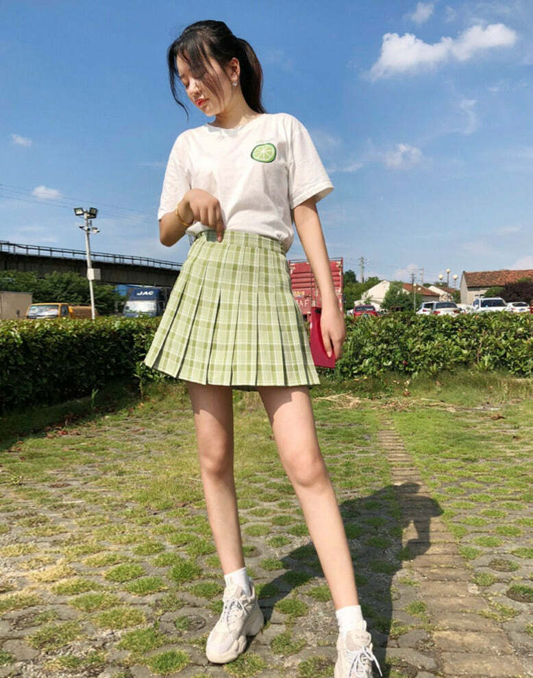 Green Pleated Plaid Korean Skirt - Y2K Summer Grunge Outfit, 90s Fashion, Retro Style