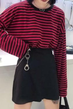 Grunge Red Striped Long-Sleeved Shirt - Y2K Summer, 90s Fashion, Retro, Goth, Party Outfit