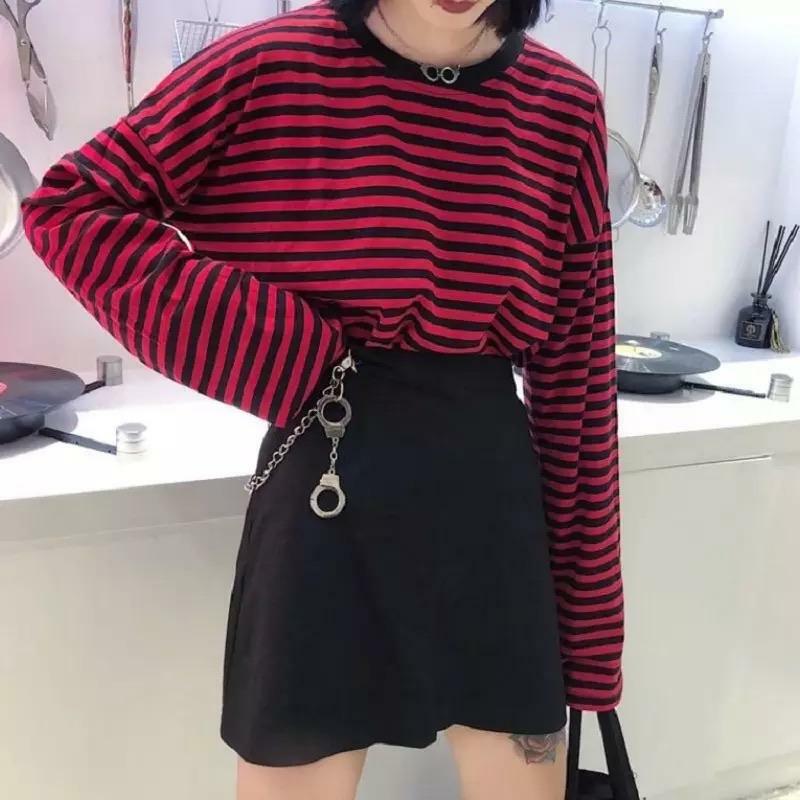 Grunge Red Striped Long-Sleeved Shirt - Y2K Summer, 90s Fashion, Retro, Goth, Party Outfit