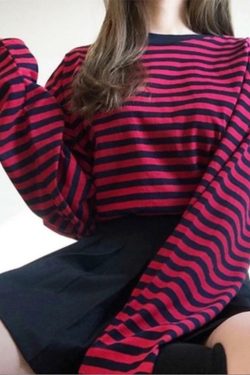 Grunge Red Striped Long-Sleeved Shirt - Y2K Summer, 90s Fashion, Retro, Goth, Party Outfit