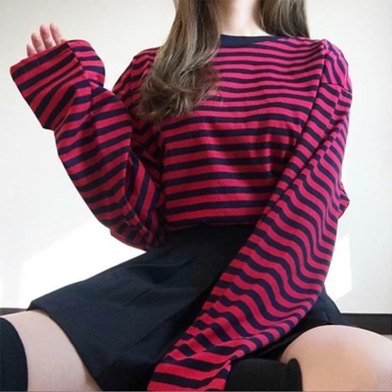 Grunge Red Striped Long-Sleeved Shirt - Y2K Summer, 90s Fashion, Retro, Goth, Party Outfit