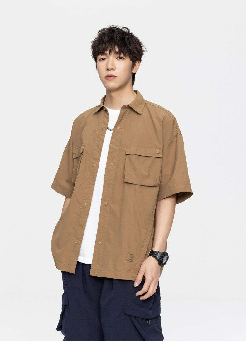 GTRG Paneled Button-Up Shirt - Y2K Summer Grunge, 90s Retro, Gothic Y2K, Y2K Club