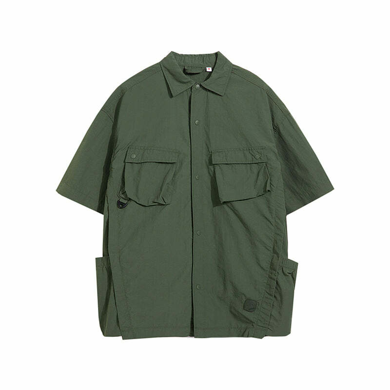 GTRG Paneled Button-Up Shirt - Y2K Summer Grunge, 90s Retro, Gothic Y2K, Y2K Club