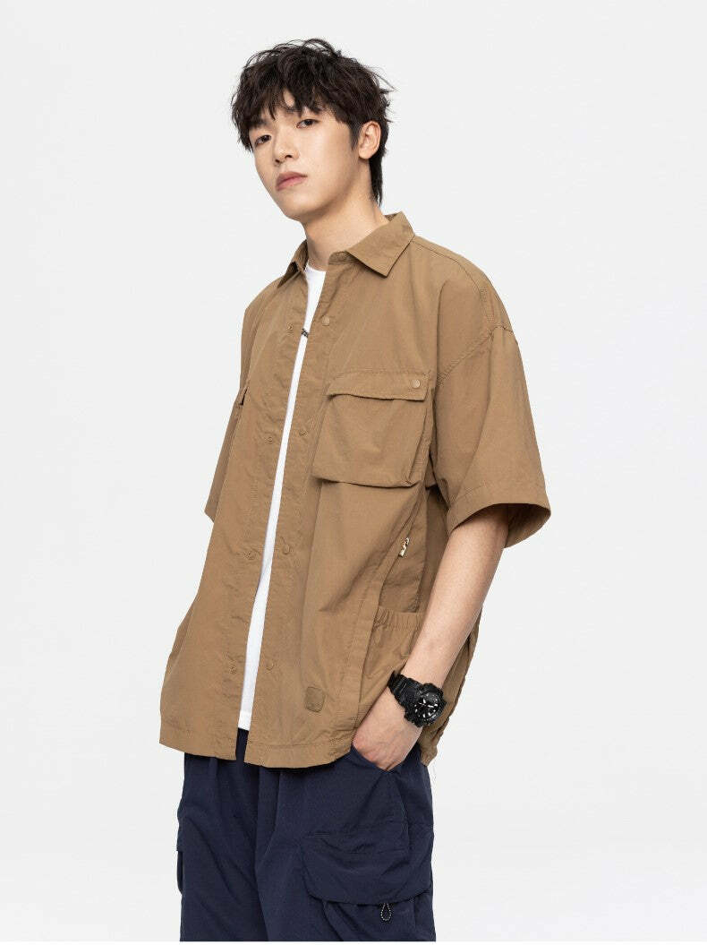 GTRG Paneled Button-Up Shirt - Y2K Summer Grunge, 90s Retro, Gothic Y2K, Y2K Club