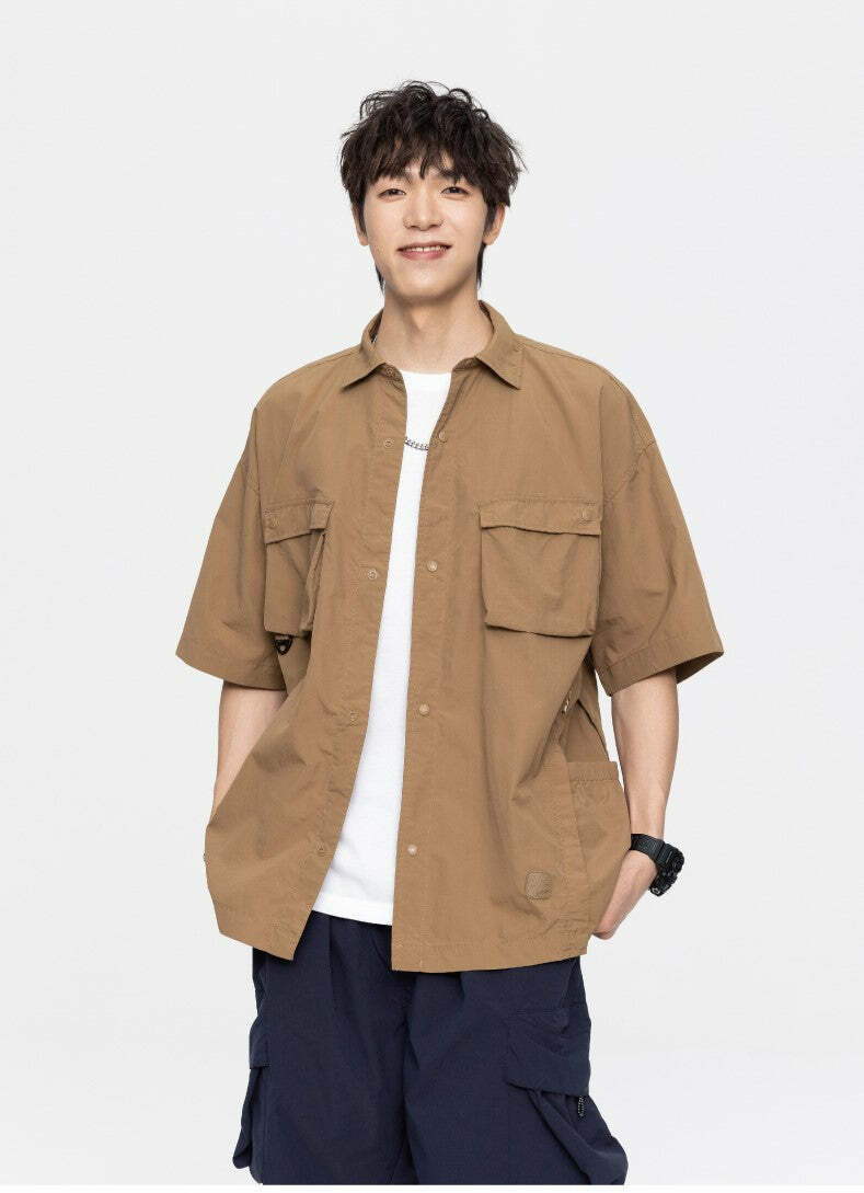GTRG Paneled Button-Up Shirt - Y2K Summer Grunge, 90s Retro, Gothic Y2K, Y2K Club