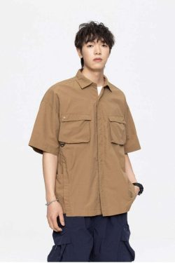 GTRG Paneled Button-Up Shirt - Y2K Summer Grunge, 90s Retro, Gothic Y2K, Y2K Club