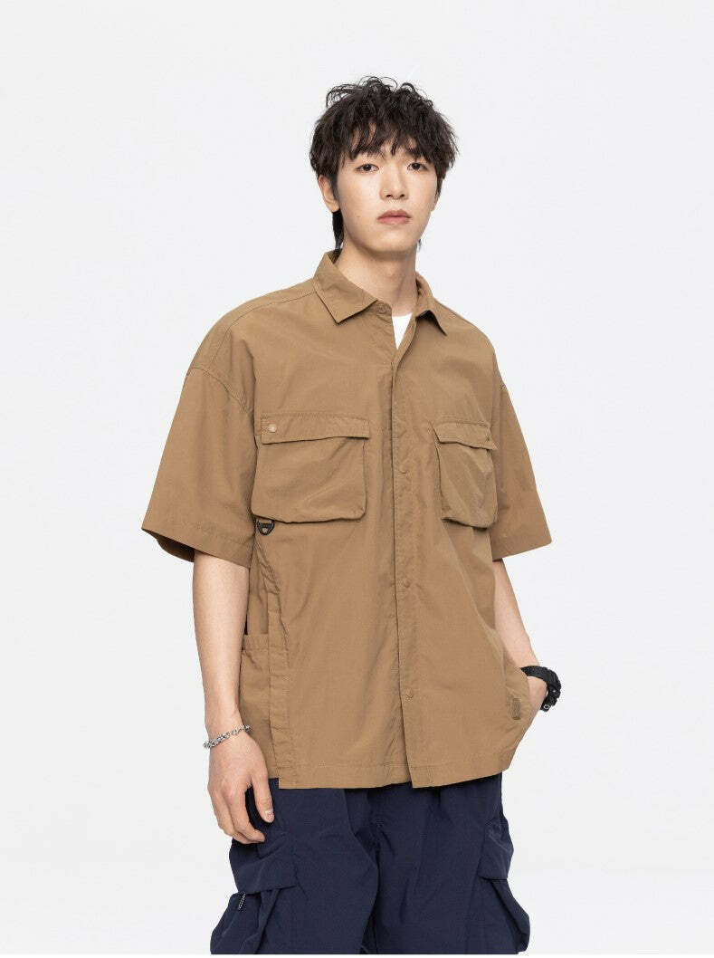 GTRG Paneled Button-Up Shirt - Y2K Summer Grunge, 90s Retro, Gothic Y2K, Y2K Club