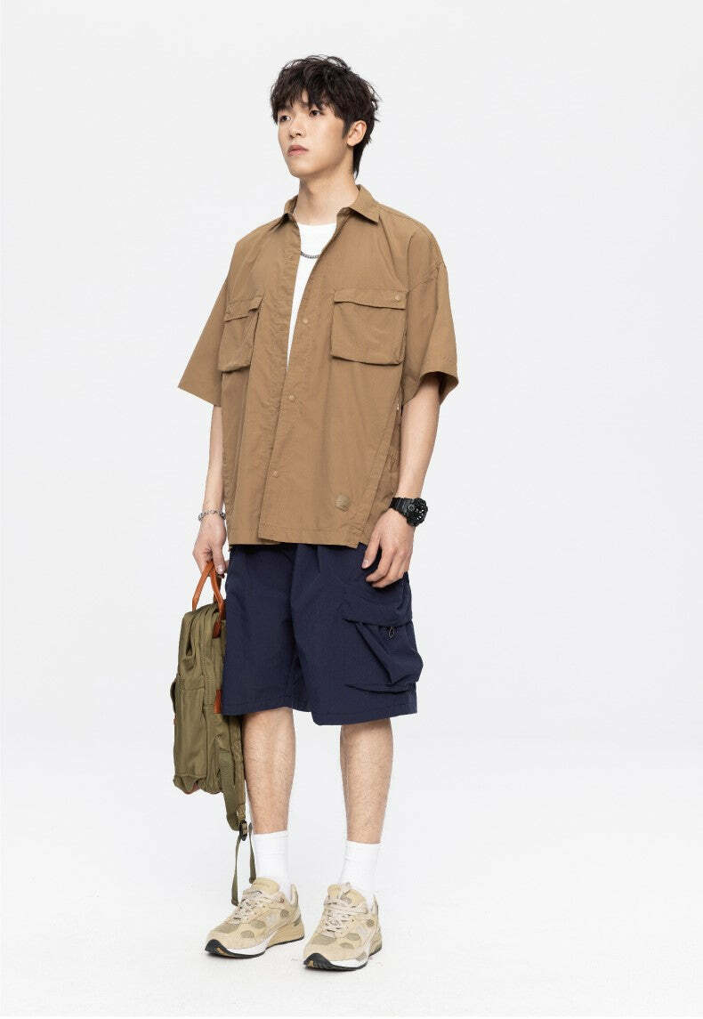 GTRG Paneled Button-Up Shirt - Y2K Summer Grunge, 90s Retro, Gothic Y2K, Y2K Club
