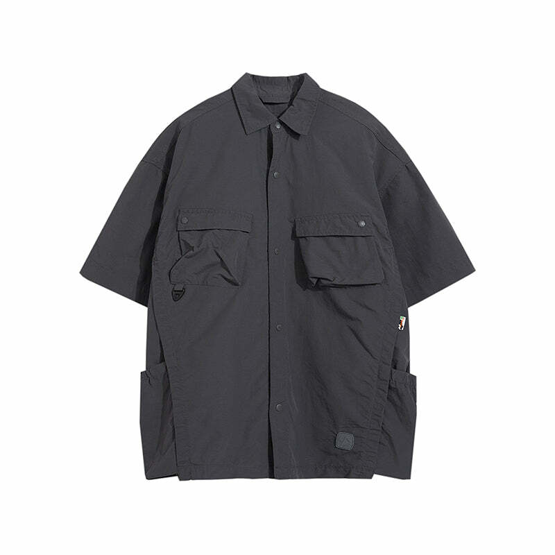 GTRG Paneled Button-Up Shirt - Y2K Summer Grunge, 90s Retro, Gothic Y2K, Y2K Club