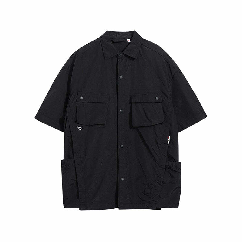 GTRG Paneled Button-Up Shirt - Y2K Summer Grunge, 90s Retro, Gothic Y2K, Y2K Club