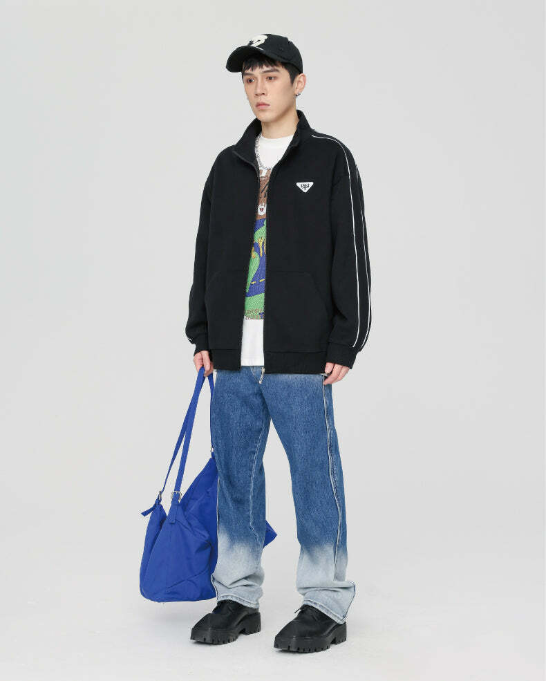 GTRG Striped Stand Collar Jacket - Y2K Summer, 90s Grunge, Retro Hip Hop, Pastel Goth Fashion