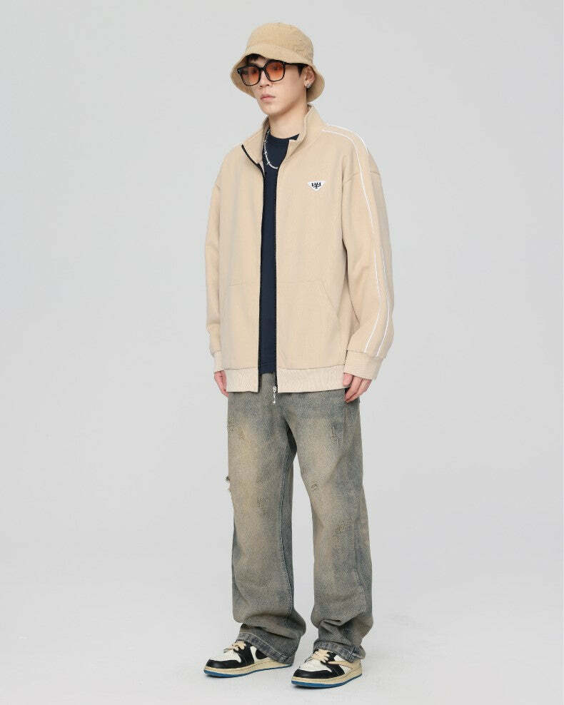 GTRG Striped Stand Collar Jacket - Y2K Summer, 90s Grunge, Retro Hip Hop, Pastel Goth Fashion