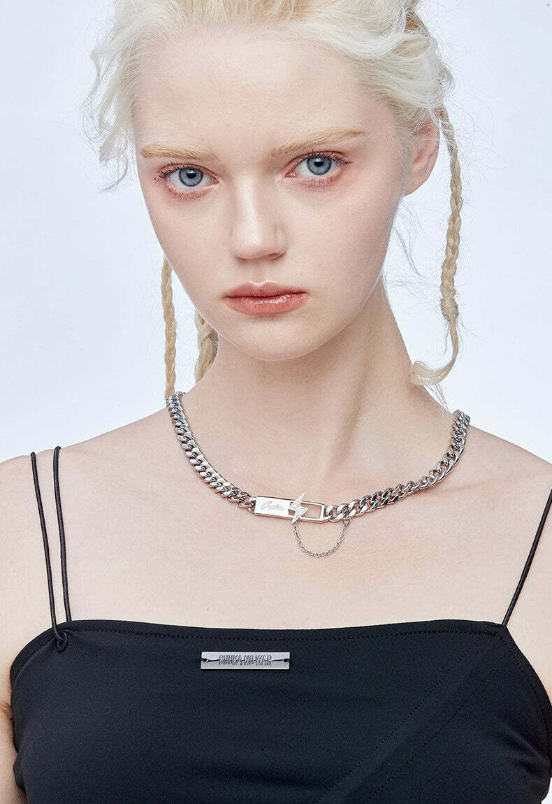 GUUKA 'Lightning Bar' Double Chain Necklace - Y2K Grunge, 90s Retro, Gothic, and Pastel Goth Style