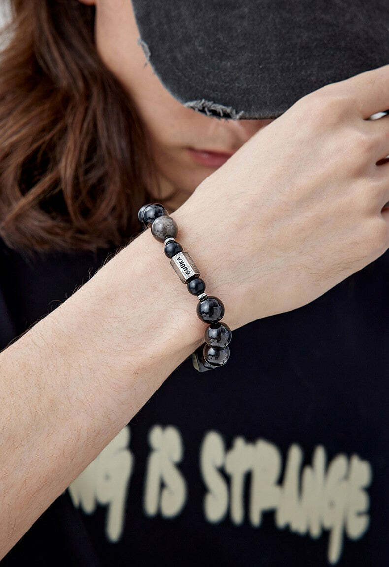 GUUKA Obsidian Bead Bracelet - Y2K Grunge, 90s Retro, Gothic, and Pastel Goth Fashion Accessory