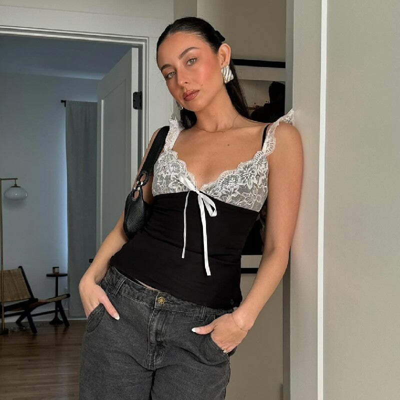 Haelyn Lace Detailed Top - Y2K Summer, 90s Fashion, Grunge, Retro, Pastel Goth, Y2K Party Outfit