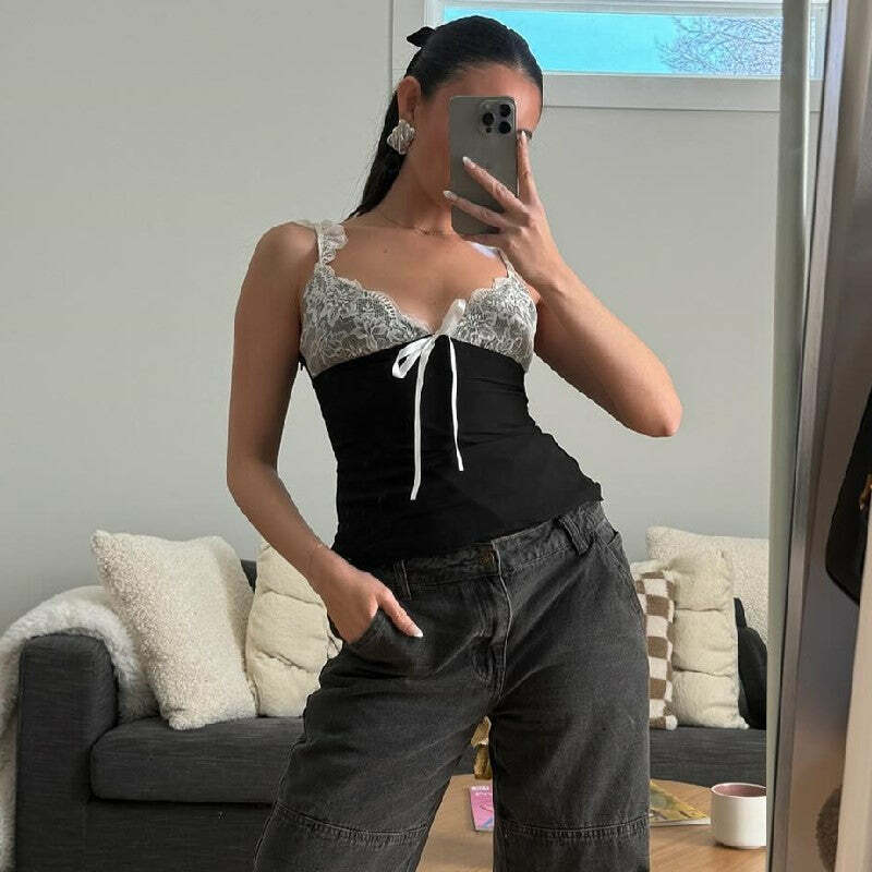 Haelyn Lace Detailed Top - Y2K Summer, 90s Fashion, Grunge, Retro, Pastel Goth, Y2K Party Outfit