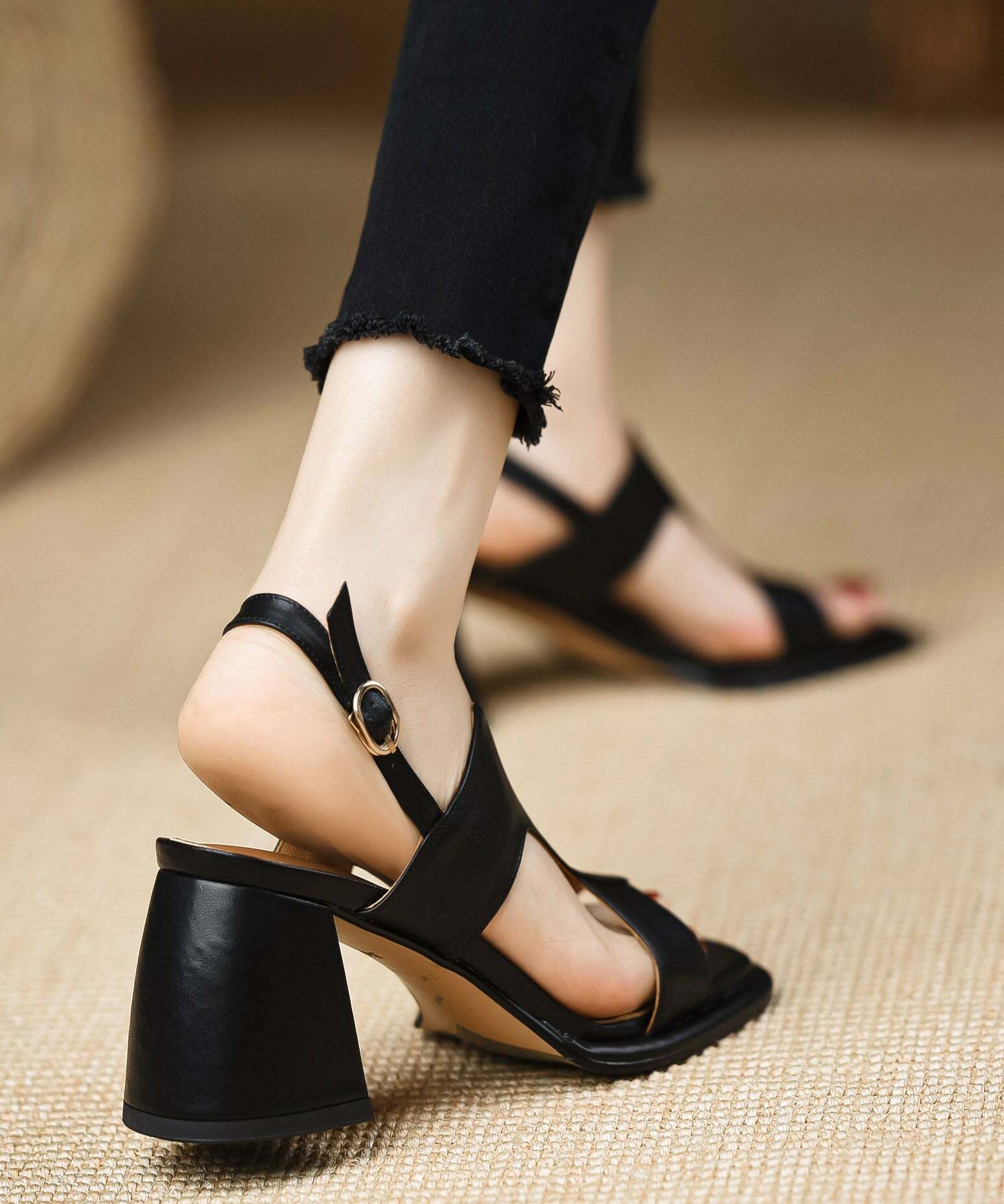 Handmade Black Faux Leather Chunky Sandals with Splicing Buckle Strap - Y2K Grunge Retro 90s Style
