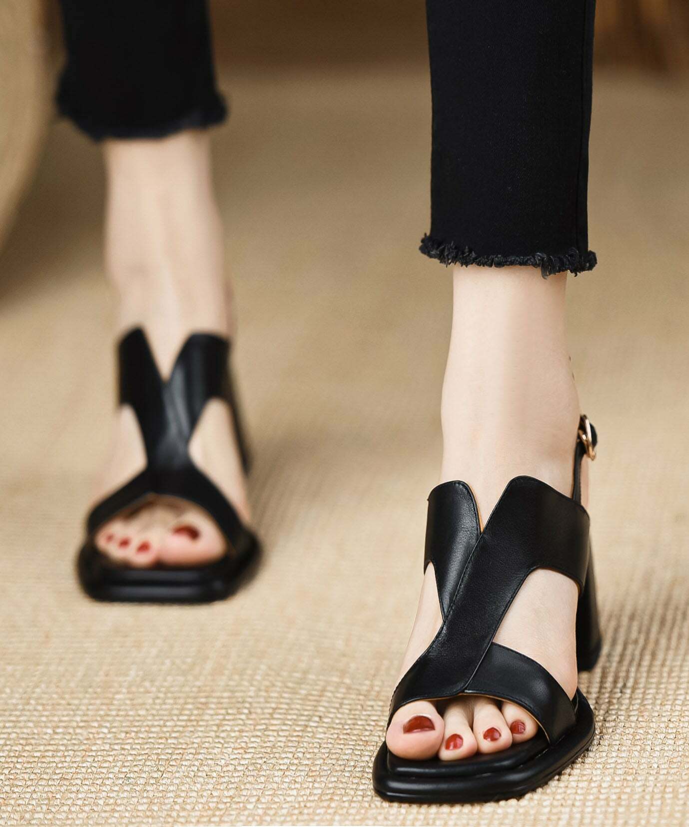 Handmade Black Faux Leather Chunky Sandals with Splicing Buckle Strap - Y2K Grunge Retro 90s Style