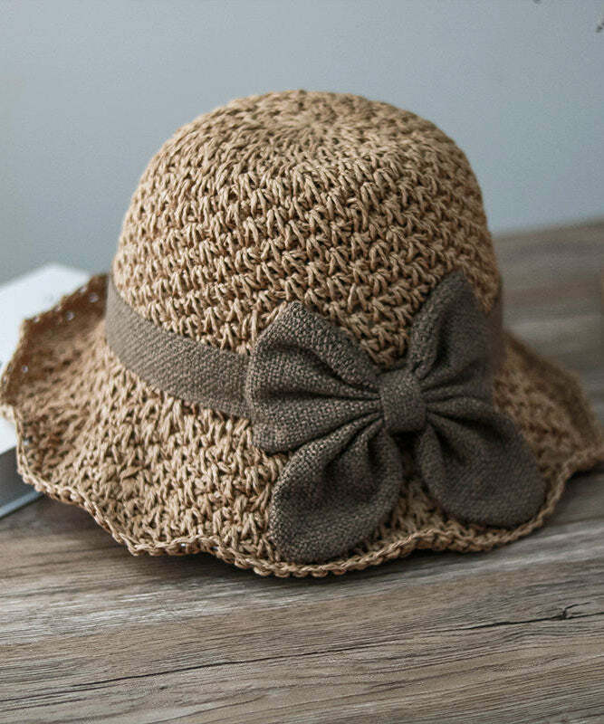 Handmade Khaki Bow Straw Woven Bucket Hat - Y2K Summer, 90s Grunge, Retro Fashion Accessory
