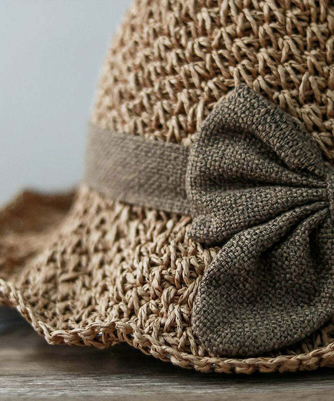 Handmade Khaki Bow Straw Woven Bucket Hat - Y2K Summer, 90s Grunge, Retro Fashion Accessory