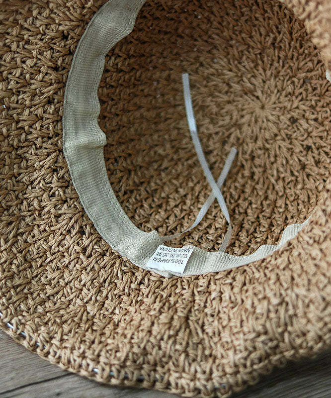 Handmade Khaki Bow Straw Woven Bucket Hat - Y2K Summer, 90s Grunge, Retro Fashion Accessory