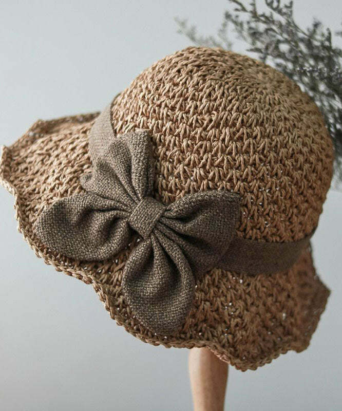 Handmade Khaki Bow Straw Woven Bucket Hat - Y2K Summer, 90s Grunge, Retro Fashion Accessory