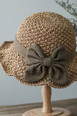Handmade Khaki Bow Straw Woven Bucket Hat - Y2K Summer, 90s Grunge, Retro Fashion Accessory