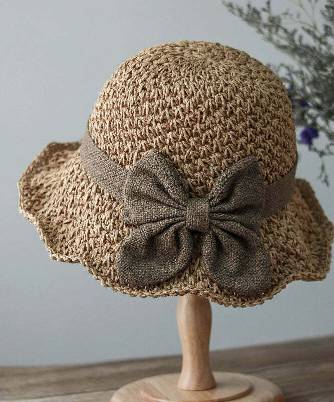 Handmade Khaki Bow Straw Woven Bucket Hat - Y2K Summer, 90s Grunge, Retro Fashion Accessory