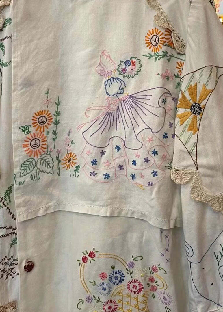 Handmade White Embroidered Patchwork Cotton Blouse - Y2K Summer Grunge 90s Fashion Top