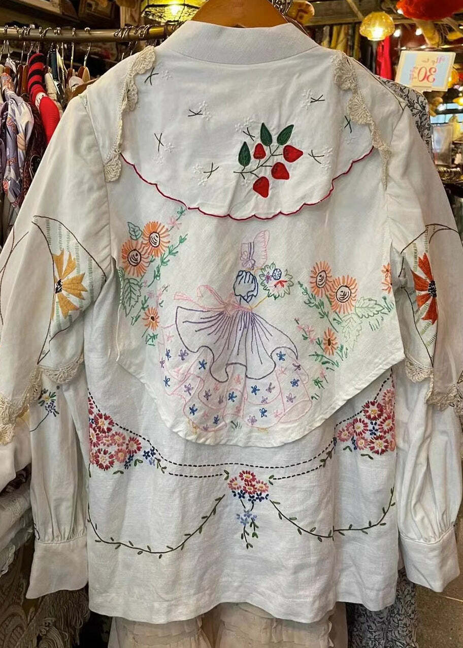 Handmade White Embroidered Patchwork Cotton Blouse - Y2K Summer Grunge 90s Fashion Top