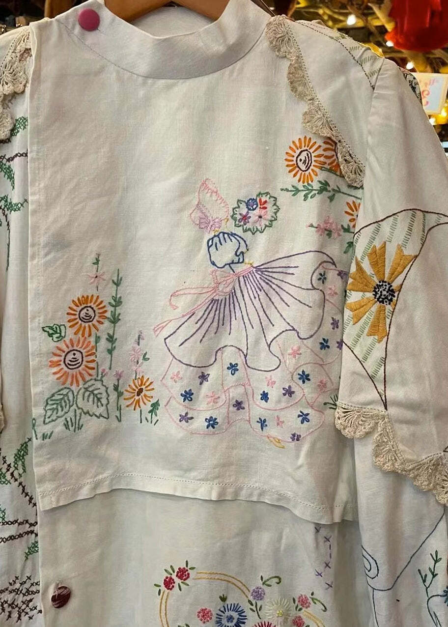 Handmade White Embroidered Patchwork Cotton Blouse - Y2K Summer Grunge 90s Fashion Top