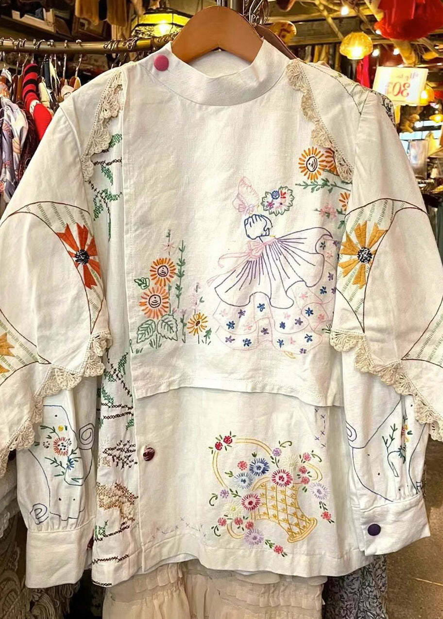 Handmade White Embroidered Patchwork Cotton Blouse - Y2K Summer Grunge 90s Fashion Top