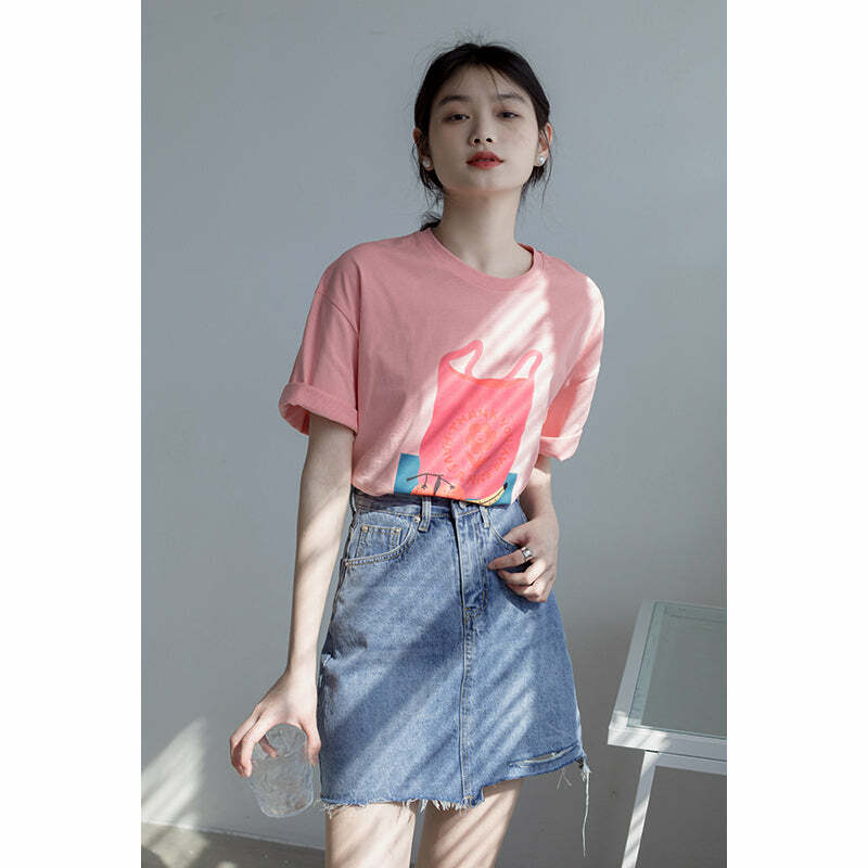Happy Shopper Retro Loose Graphic T-Shirt - Y2K Summer, 90s Grunge, Pastel Goth, Y2K Club Outfits