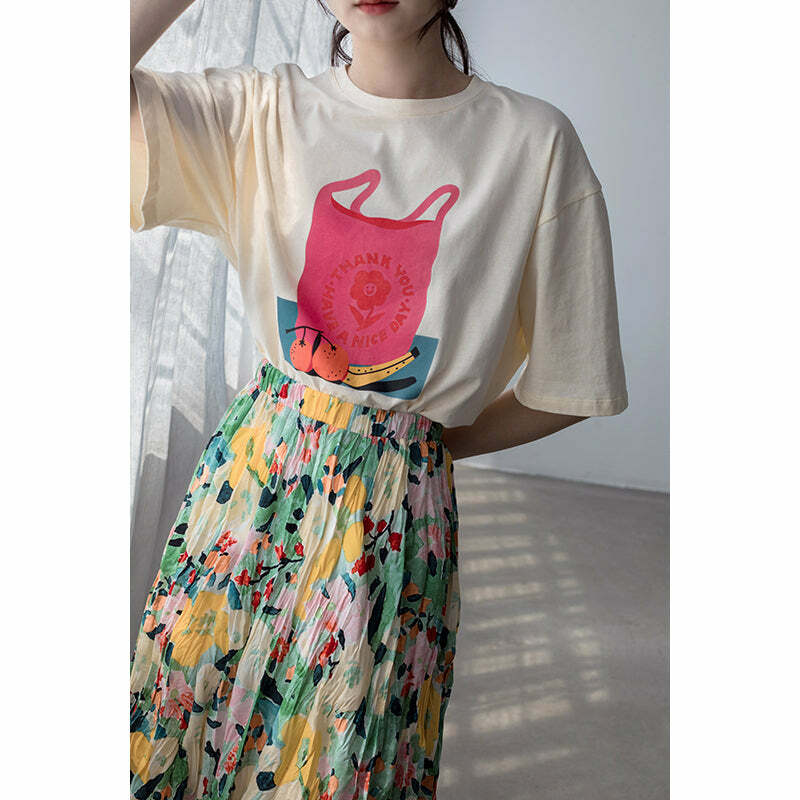 Happy Shopper Retro Loose Graphic T-Shirt - Y2K Summer, 90s Grunge, Pastel Goth, Y2K Club Outfits