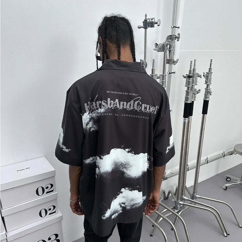 HARSH and CRUEL 'Cloud Nine' Button-Up - Y2K Summer Grunge, 90s Retro, Pastel Goth Fashion