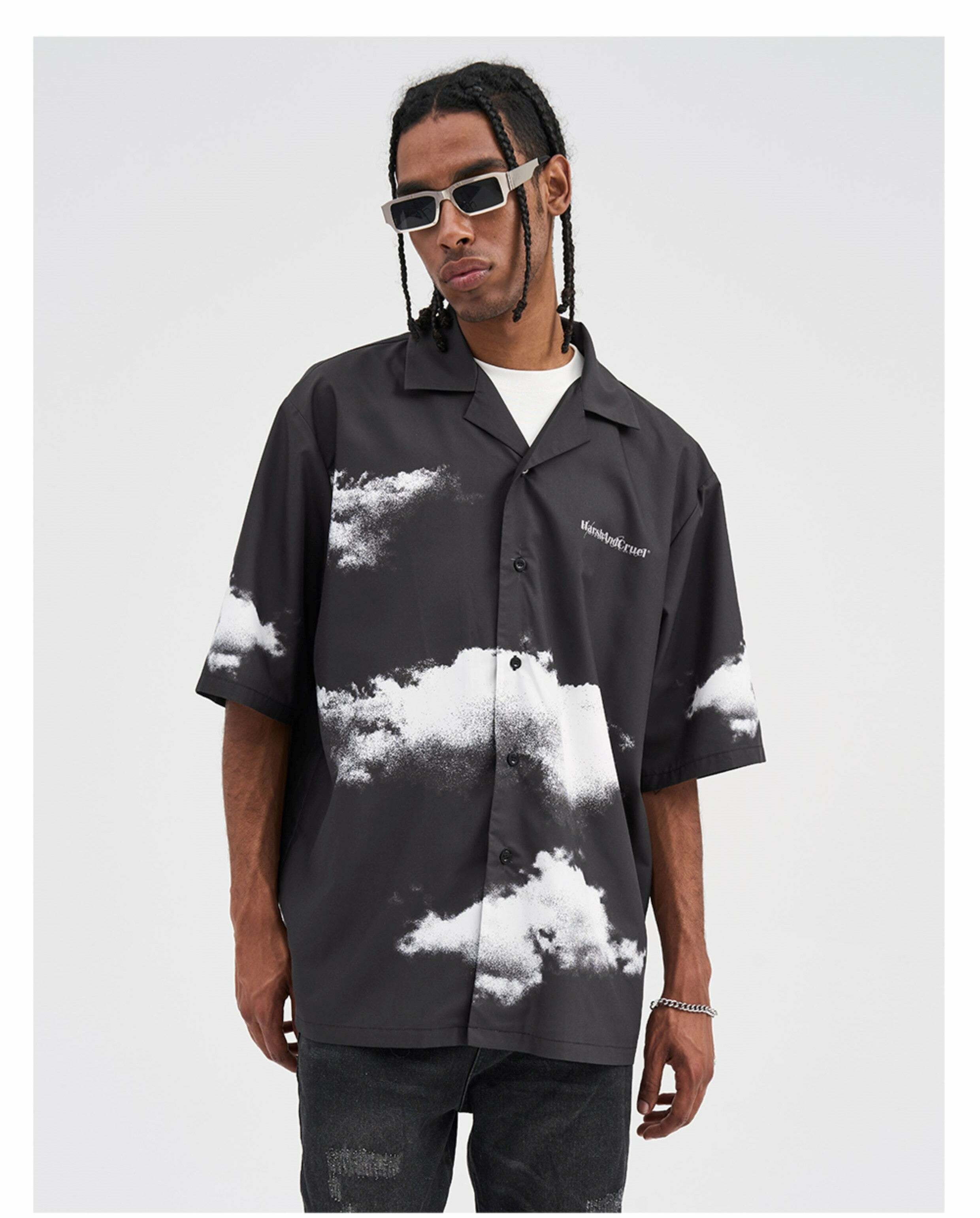 HARSH and CRUEL 'Cloud Nine' Button-Up - Y2K Summer Grunge, 90s Retro, Pastel Goth Fashion