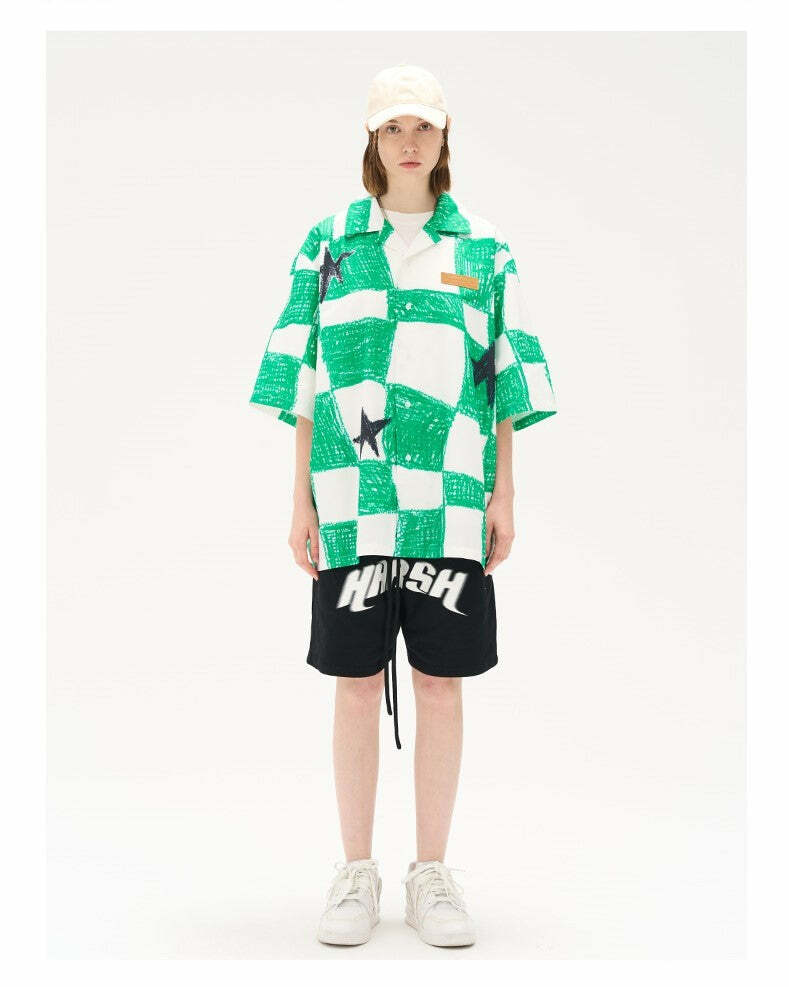 HARSH and CRUEL Checkered Button-Up - Y2K Grunge 90s Fashion, Retro Summer Outfit, Gothic Y2K Style