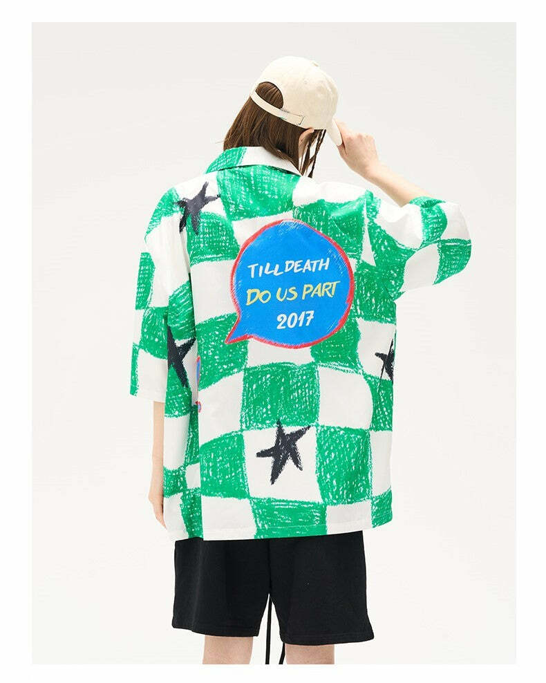 HARSH and CRUEL Checkered Button-Up - Y2K Grunge 90s Fashion, Retro Summer Outfit, Gothic Y2K Style