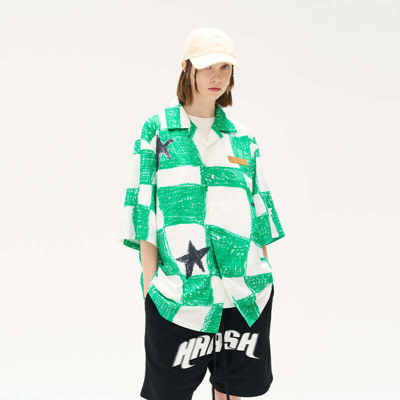 HARSH and CRUEL Checkered Button-Up - Y2K Grunge 90s Fashion, Retro Summer Outfit, Gothic Y2K Style